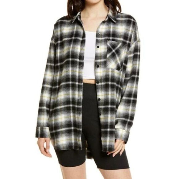 BP. Boyfriend Plaid Button-up Shirt in Ivory- Black Marley Plaid, Sz. XS